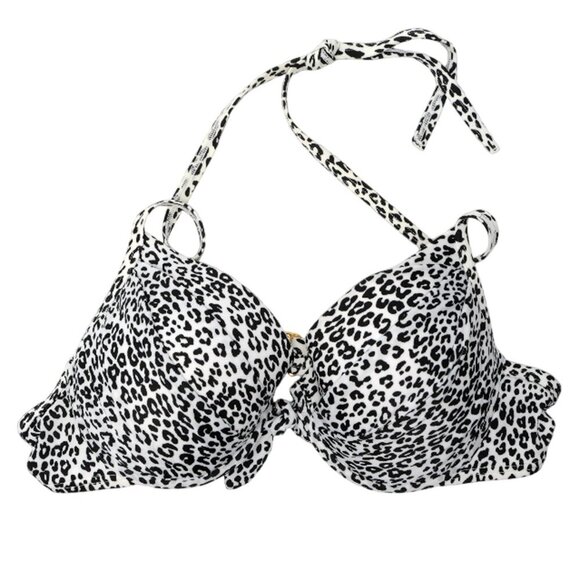 Leopard Halter Bikini Top Animal Print Padded White Black Beach Vacation Summer - Picture 2 of 5